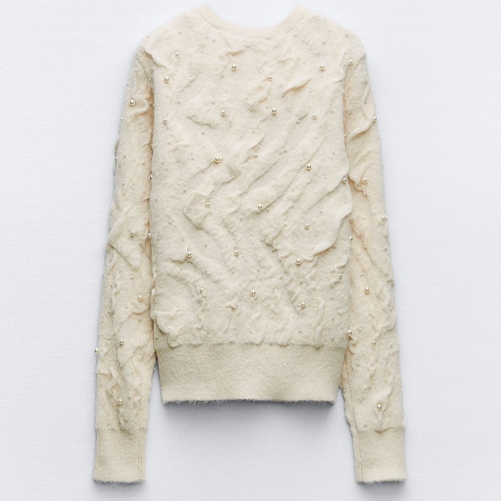 Zara PEARL TEXTURED KNIT CARDIGAN | COLOR: ECRU | SIZE: M | BRAND NEW - Picture 8 of 9
